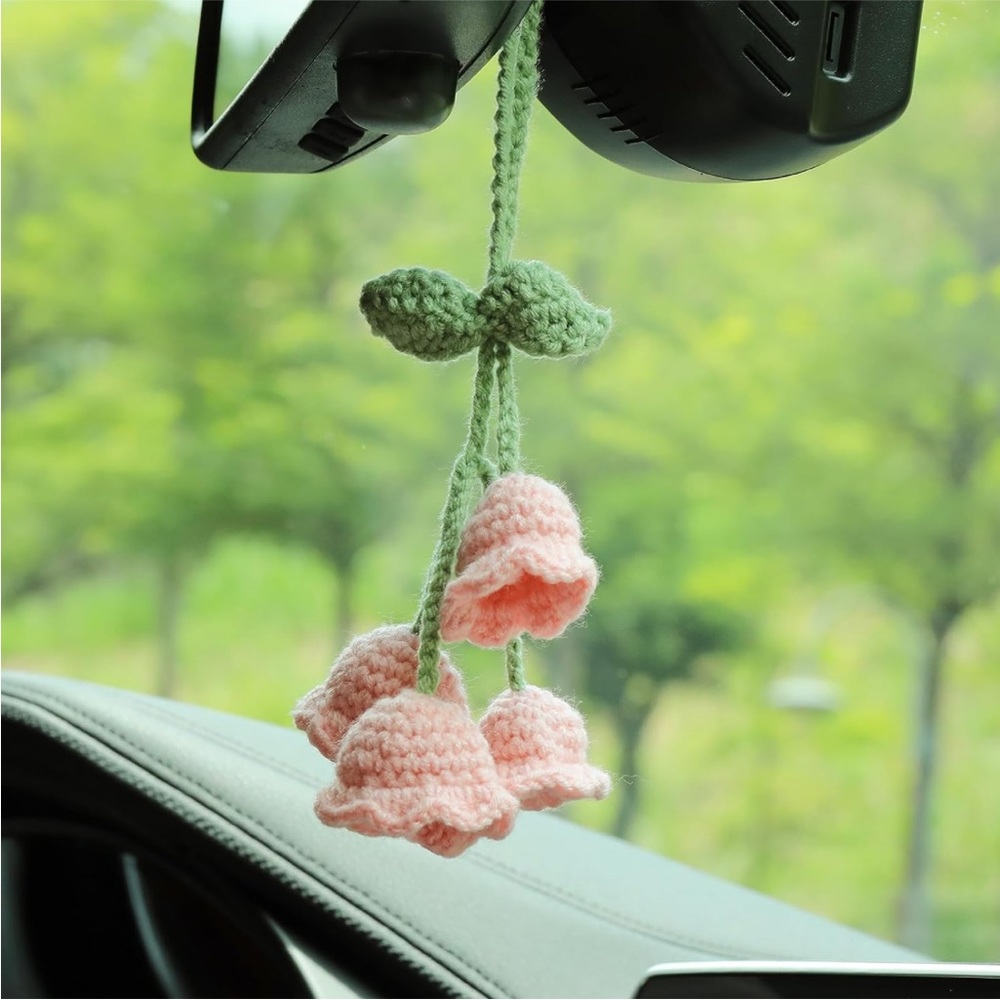 Handmade Kawaii Woven Pink Bell Flower Plant Knit Car Mirror Hanging Accessory